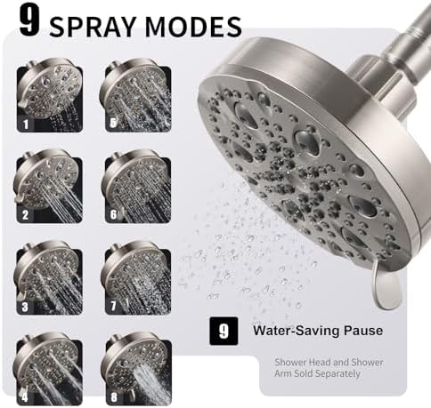 OFFO Shower Head, High Pressure Shower Head with Pause Mode, 9 Mode Fixed Showerheads for Strong Water Flow & Relaxing Shower Experience, Brushed Nickel - Image 4