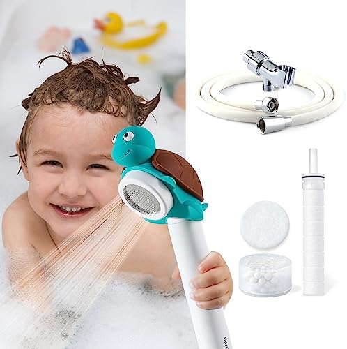Barumi Livo Filtered Showerhead for Kids Combo Kit | Turtle-Turquoise | Children's Handheld Shower Heads with PVC Hose & Shower Holder by Barumi