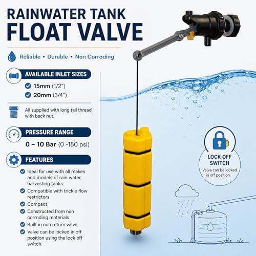 Jobe Valves Rojo Part Fill Valve 1/2" for Rainwater Harvesting Tanks, Low Flow Float Valve with Non Return Valve, Lock-Off Switch, Long Tail Thread & Back Nut, 150 PSI, Yellow/Black - Image 2