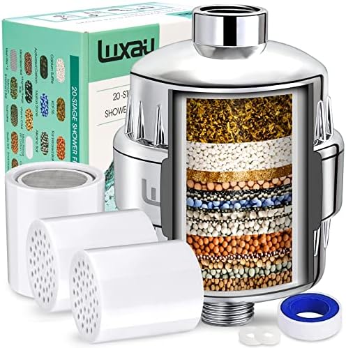 20 Stage Shower Filter w/ 3 Cartridge, Shower Head Filter, Reduce Well Hard Water Chlorine Heavy Metal & Impurity, Improve Skin Hair, Fit Most Handheld Showerhead Fixed Rainfall, Chrome by Luxau
