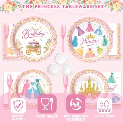 144 Pcs Princess Paper Plates Napkins, Birthday Party Supplies Include Forks Cups Straws, Summer Party Tableware Set for Kids, Serves 24 Guests - Image 5