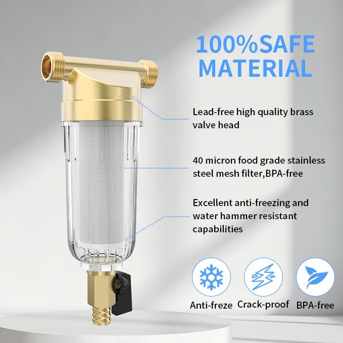 Spin Down 1/2" Sediment Filter, Reusable Whole House Sediment Water Filter, Pre-Filtration System for City/Well water,Built-in Housing Scraper, Brass Top Clear Housing,40 Micron - Image 2