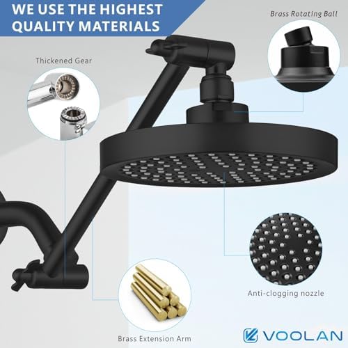 Voolan Rain Shower Head with Extension Arm - High Pressure Rainfall Showerhead - Luxury Modern Look - Comfortable Shower Experience Even at Low Water Flow (Round, Black) - Image 3