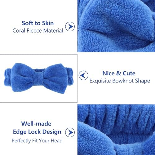 Ondder 8 PCS Headbands for Women, Royal Blue Bow Spa Headband, Cute Non Slip Makeup Headbands for Face Washing Skincare Daily Wear - Image 4