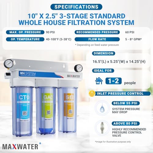 Max Water 3 Stage (Good for City Water) 10 inch Standard Water Filtration System (Clear with Gauge) - Image 2