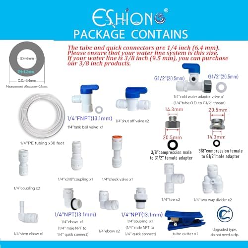 ESHIONG NSF Certified 1/4" O.D. Push to Connect Fittings for RO (Reverse Osmosis) Water Filter（with Shut-Off T Valve）18 pcs+30 feet 1/4" Water tubing. - Image 2
