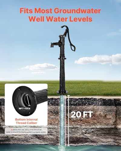 VEVOR Well Hand Pitcher Pump, 20 ft Max Lift, Antique Cast Iron Manual Hand Water Pump with Heightening Base, NPT 1-1/4 in Connection, Easy Installation, for Outdoor Garden, Pond, Yard, Farm, Black - Image 2