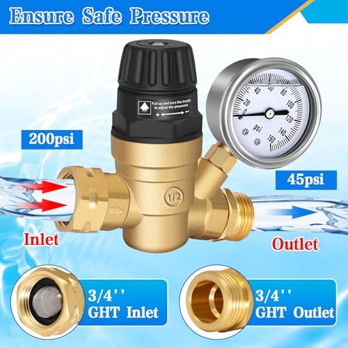Boltigen RV Water Pressure Regulator with Gauge Lead-Free Brass Knob Adjustable Water Pressure Reducer Valve, for Camper Travel Trailer RV Drinking Water Pressure Adjust, Protecting Plumbing System - Image 3