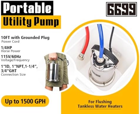 Tankless Water Heater Flushing Kit Includes 1500GPH Stainless Steel Pump with Two Adapters & Cleaner & 3 Gallons Pail with Bucket Lid Opener & Two 1/2” Dia X 6’ Hoses SUB 1500SS Flush Kit - Image 2