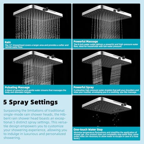 Hibbent Rain Shower Head, 13'' High Pressure Rainfall Square 5 Spray Mode Showerhead with 16" Shower Head Extension Arm, Solid Brass Adjustable Shower Arm Extender, Waterfall fixed Showerheads, Chrome - Image 2