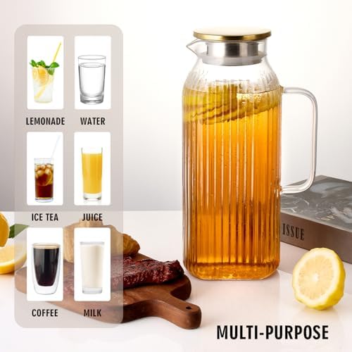 GLASKEY 2.1 Liter 71oz Square Glass Pitcher with Lid, Classic Stripes Water Pitchers with Handle for Fridge, Leak Proof Juice Jug, Borosilicate Glass Carafe for Hot/Cold Brew Drink - Image 4