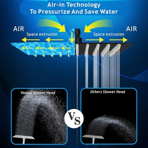 Voolan Rain Shower Head - High Flow Large Rainfall Shower Heads Made of Stainless Steel - Waterfall Bathroom Square Showerhead - Ceiling or Wall Mount (12 * 8 Inch Rectangle, Matte Black) - Image 4