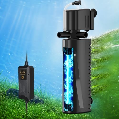 Aquarium U-V Filter for Green Water, Fish Tank Filter with U-V Light & Timer, Turtle Tank Filter with Dual Outlet & Aeration, for 20-70 Gallon Freshwater & Saltwater by Devopet