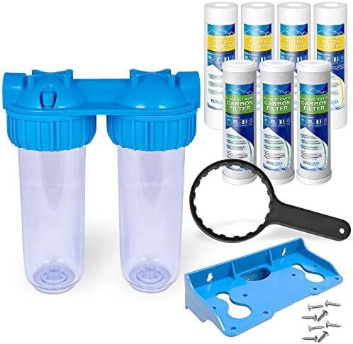 Dual Whole House Water Filter System, Transparent Standard Housings, Presser Relief Valve, 3/4” Inlet/Outlet Brass Port, Yearly supply of Sediment & Carbon Cartridges Meets NSF Standards & Regulations by Ronaqua