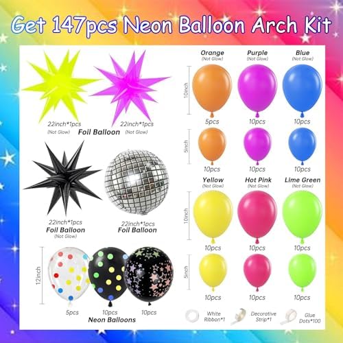 147PCS Neon Balloon Arch Garland Kit with Glow in the Dark Balloons for 80s 90s Disco, Rock and Roll, Birthday, Fiesta and Let's Glow Party Decorations - Image 4