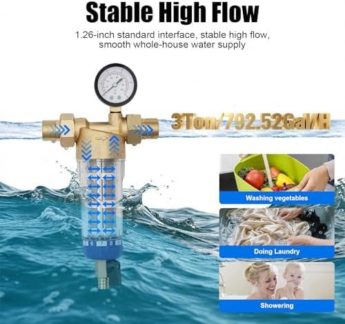 Water Filtration & Softeners, Reusable Whole House Spin Down Sediment Water Filter 40 Micron Flushable Prefilter Filtration 0.75" Female Thread + 1.26" Male Thread - Image 2