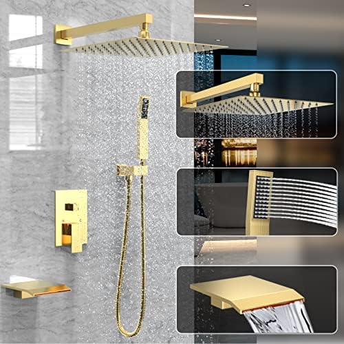 Brushed Gold Shower System Rain Faucet Set with Tub Spout, 10 inch - Image 2