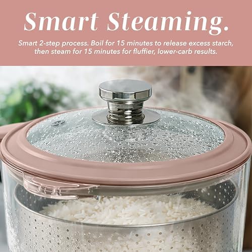 COOK WITH COLOR Glass Mini Low Carb Rice Cooker – Holds 2 Cups Raw/Makes 6 Cups Cooked with Auto Lift Filter Basket, Hotpot & Steamer for Rice, Grains, Digital Panel with Keep Warm, Dusty Rose - Image 5