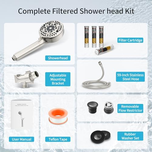 Filtered Shower Head with Handheld, 9 Spray Mode High Pressure Shower Head with 4 Filters, Hard Water Filter Showerhead - Remove Chlorine, Brushed Nickel - Image 7