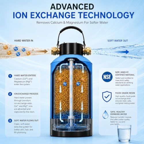 H&G lifestyles ‎Portable Water Softener for RV with Water Hose, Food-Grade Resin 3/4" Brass Fittings 2600 Gallons Softens Hard Water Filtration System for Car Washing Pressure Washing - Image 3