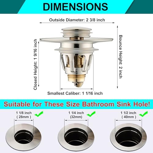 Universal Bathroom Sink Stopper - Bounce Wash Basin Drain Filter, Brushed Nickel Pop Up Drain Stopper, Bullet Core Push Type Sink Stopper, Sink Drain Plug with Anti-Clogging Strainer, for 1.1-1.5 inch - Image 2