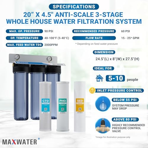 Max Water 3 Stage Whole House Water Filter System with Sediment + Phosphate Anti Scale (PHO) + CTO Chlorine Reduction Filter - 1" Inlet/Outlet, Pressure Gauges, Wrench, Bracket - Image 2