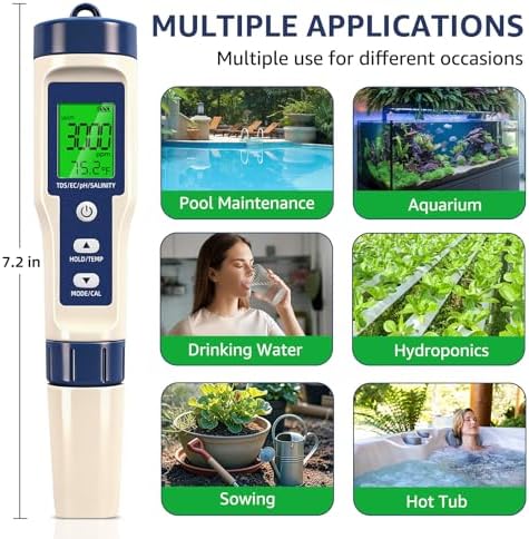 Pool Salt Tester & PH Meter - 5-in-1 Digital TDS Meter for Salinity PH Temp and EC, 0.01 High Accuracy, Swimming Pool, Hydroponics, Aquarium, Hot Tub, PPM Meter for Pool, Drinking Water, Wine, Food - Image 5