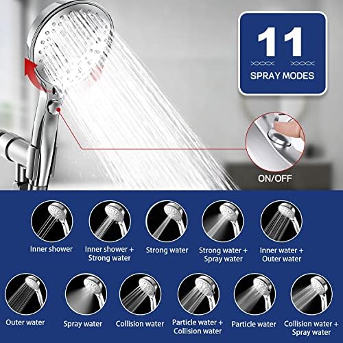 High Pressure Handheld Shower Head 11 Spray Settings, 4.85 inch Pause Switch Water Saving Shower Head, Removable High Flow Bathroom Showerhead with Long Hose and Adjustable Bracket(Chrome) - Image 4