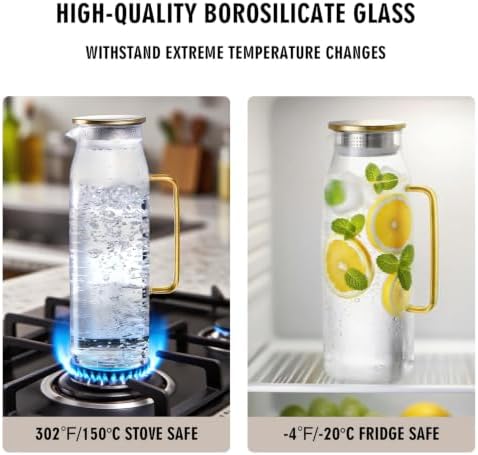 GLASKEY 74oz Square Glass Pitcher with Lid and Handle for Fridge,Borosilicate Glass Carafe for Hot or Cold Drink, Large Jug for Iced Tea,Coffee,Juice,Homemade Beverage (Gold) - Image 6
