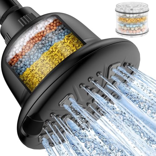 MakeFit Filtered Shower Head Matte Black- High Pressure Shower Head with filter for Hard Water - Rain Shower Head Water Softener - Luxury 7 Settings Adjustable Water Filter Showerhead (Matte Black) by MakeFit
