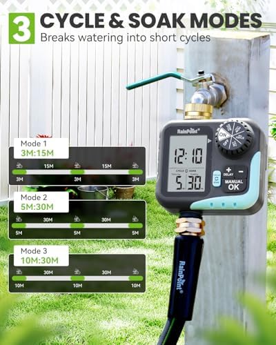 RAINPOINT Sprinkler Timer for Garden Hose - Hose Timer with Cycle & Soak/Rain Delay/Automatic Watering/Manual Watering, Programmable Irrigation System with Large Display for Lawn, Yard, Brass Inlet - Image 5
