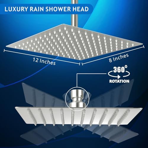 Voolan Rain Shower Head - High Flow Large Rainfall Shower Heads Made of Stainless Steel - Waterfall Bathroom Square Showerhead - Ceiling or Wall Mount (12 * 8 Inch Rectangle, Brushed Nickel) - Image 5