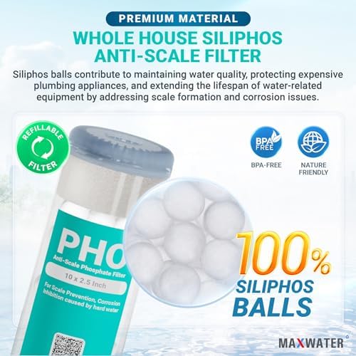 Max Water 10" x 2.5" Anti-Scale Water Filter Cartridge, Siliphos Polyphosphate (PHO) Replacement Filter, Fits Standard 10" Whole House Water Filtration System, Reduces Scale, Corrosion & Iron Staining - Image 3