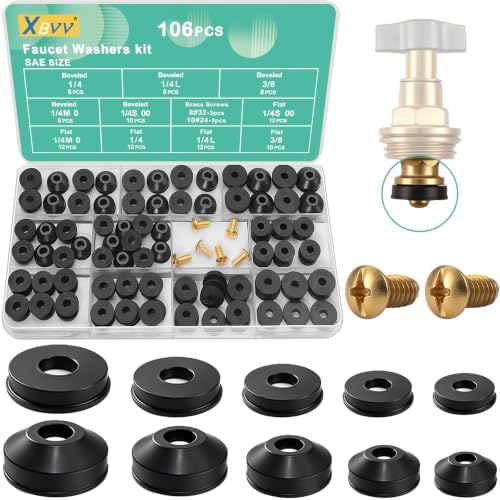 XBVV 106 PCS Faucet Washer Assortment Kit with Assorted Flat and Beveled Rubber Washers for Outdoor Garden Faucet Stem Leak Worn Replacement Repair by XBVV