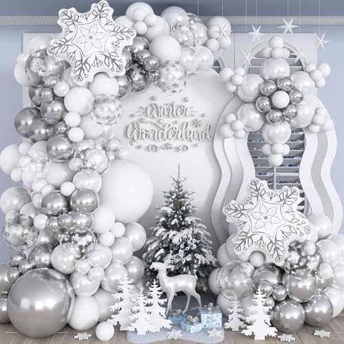 Winter Wonderland Snowflake Balloon Arch Garland Kit, 116PCS White and Silver Latex Balloons with Snowflake Foil Balloons for Winter Onderland New Year Wedding Birthday Christmas Party Decorations by Paeyeq