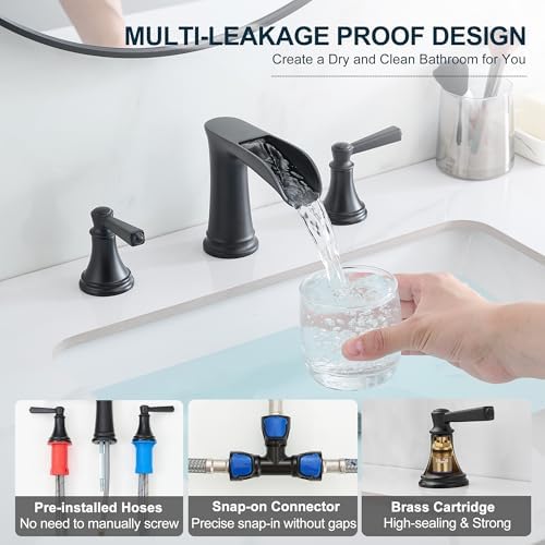 8 Inch Matte Black Bathroom Faucet 3 Hole, Brass Waterfall Bathroom Sink Faucet Widespread 2 Handle with Pop up Drain & Pre-Installed cUPC Supply Lines for Lavatory, 10 Mins Quick Install - Image 5