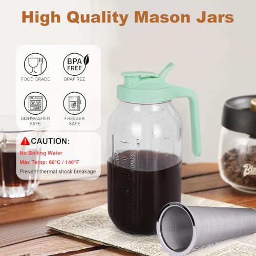 Cold Brew Coffee Maker, 64 oz Mason Jar Pitcher with Stainless Steel Filter, Pour Spout Handle Lid, Heavy Duty Glass Airtight & Leak-Proof for Iced Coffee,Tea & Lemonade - Image 2