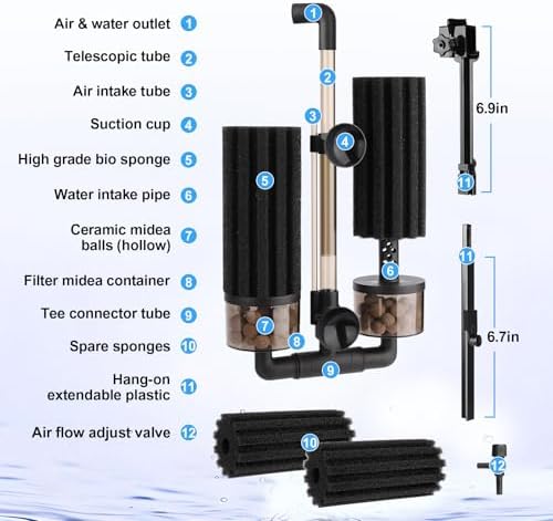 hygger Aquarium Double Sponge Filter: Upgraded Sponge Filter with Larger Filtration Area, Come with Extendable Clip, 2 Spare Biochemical Sponges, Bioceramic Balls, for Freshwater Saltwater Tank - S - Image 6