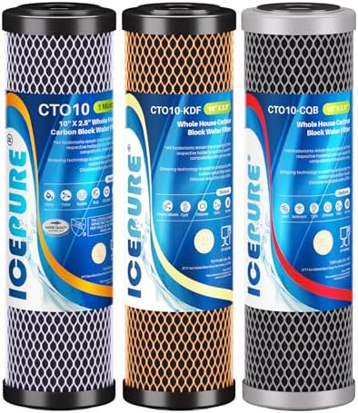 ICEPURE 3-Stage 2.5" x 10" Whole House CTO Activated Carbon Water Filter Set, Activated Carbon Block, KDF Cartridge and Upgraded Activated Carbon Heavy Metal Remove Filter Replacement Kit, Pack of 1 by ICEPURE
