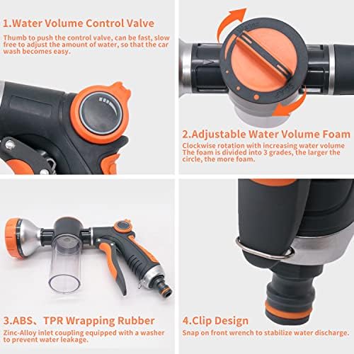 Garden Hose Nozzle,8 Patterns Hose Sprayer High Pressure,Heavy Duty Dog Wash,Metal Water Hose Nozzle with Soap Dispenser,Car Wash Foam Gun with A Car Wash Mitt - Image 6