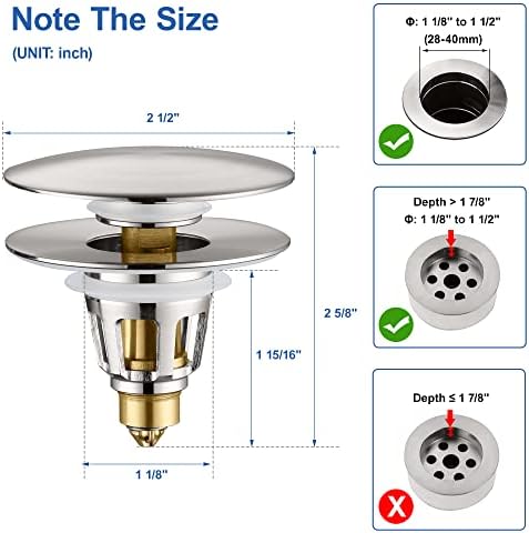 3-in-1 Universal Bathroom Sink Stopper - Brushed Nickel Pop Up Sink Drain Stopper, Brass Bounce Bullet Core Sink Stopper Replacement, Wash Basin Drain Filter Plug with Anti-Clogging Strainer - Image 2