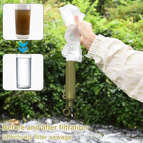 10NM Portable Water Filter System Set,Backpacking Squeeze Water Filtration Purifier Survival System for Hiking (Olive Green) - Image 7