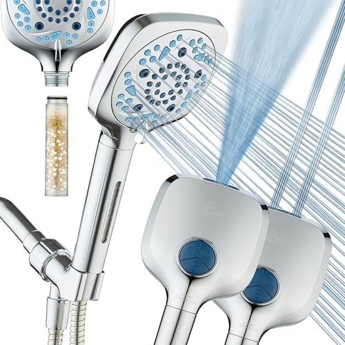AquaCare High Pressure 10 Spray Mode Filtered Showerhead - Handheld Shower Head Filters Chlorine to Heal Dry Skin, Revive Hair - Dual Power Wash Cleans Tub, Tile, Pets - Hard Water Softener, Chrome by HotelSpa