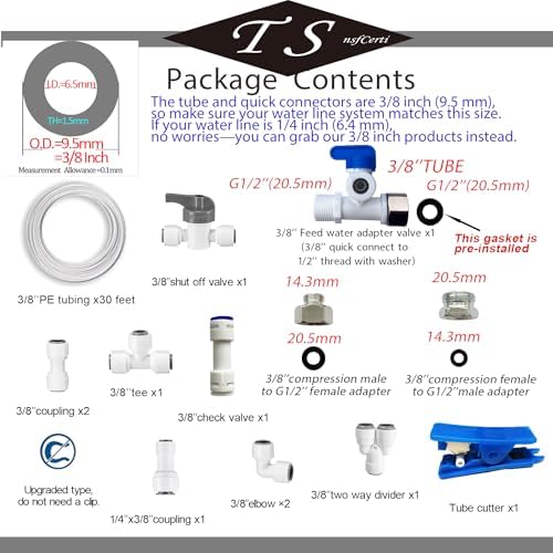 NSF 3/8" inch Water Line Tubing and Push to Connect Fittings for Reverse Osmosis Water Filter RO fittings (Feed water adapter Kits), 11 pcs connetors+30 feet 3/8" O.D. (9.5mm) water tubing. - Image 2
