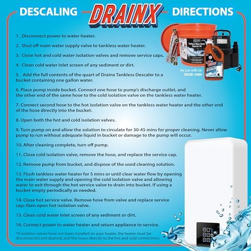 DrainX Tankless Water Heater Flushing Kit with Eco-safe Liquid Descaler Solution, Steel Hoses, 1/6HP Extra Strength Pump - Image 4
