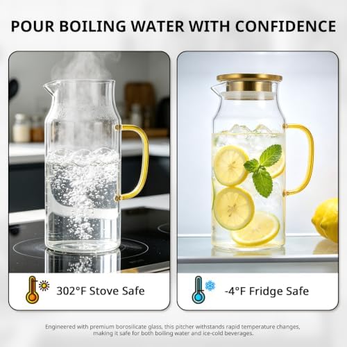 Bivvclaz 1.2 Liter 40 oz Small Gold Glass Pitcher with Lid and Handle, Glass Carafe for Hot/Cold Water, Iced Tea Jug for Coffee, Juice and Homemade Beverage - Image 6