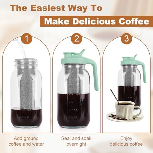 Cold Brew Coffee Maker, 64 oz Mason Jar Pitcher with Stainless Steel Filter, Pour Spout Handle Lid, Heavy Duty Glass Airtight & Leak-Proof for Iced Coffee,Tea & Lemonade - Image 5