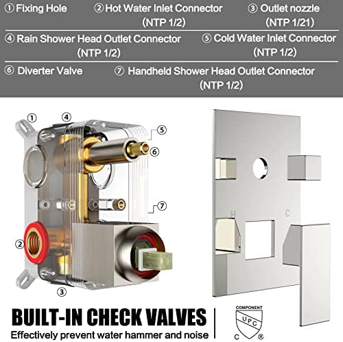 Brushed Nickel Rain Shower System Faucet Set with Handheld, 12 inch - Image 6