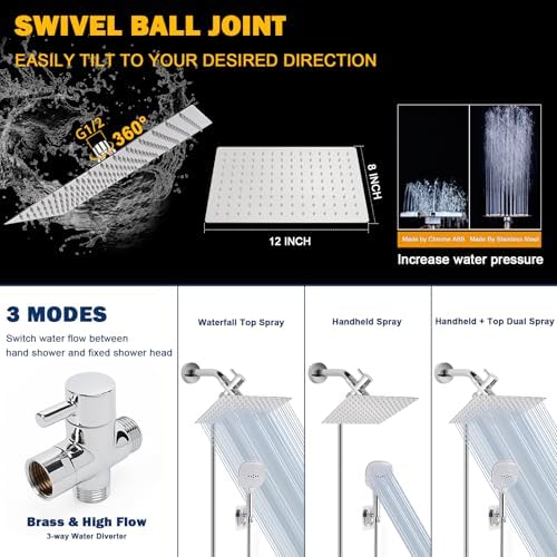 NearMoon Shower Head with Hose, High Pressure Stainless Steel Rain Shower and 3 Settings Handheld Spray Combo with Push Button Flow Control (12 Inch, Chrome Finish) - Image 5