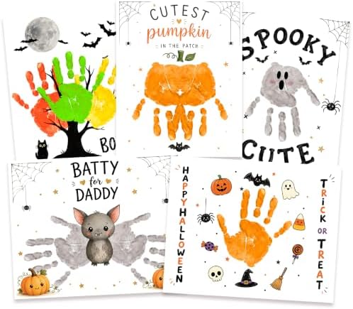 Pack of 5 Halloween Handprint & Footprint Craft Cards, DIY Halloween Art Paper Kit for Kids, Preschool Classroom Activity, Toddler Craft, Daycare, Homeschool Keepsake by MAYVORO